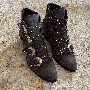 Gray/purple suede booties